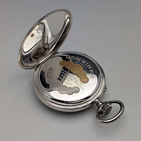 Circa 1911 Antique Longines Pocket Watch, Pure Silver Open Face, In Good Working Condition