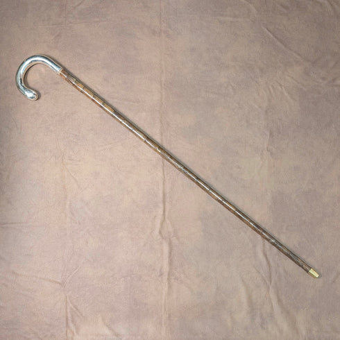 1912年 英国アンティーク ブラウンシャフト 純銀製プレーン曲がりハンドル ステッキ 杖 92cm