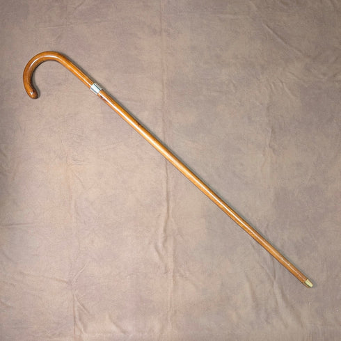 Vintage Tan Shaft Bent Handle Sterling Silver Decorated Walking Stick 92cm