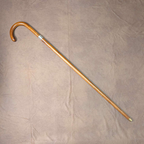 Vintage Tan Shaft Bent Handle Sterling Silver Decorated Walking Stick 92cm