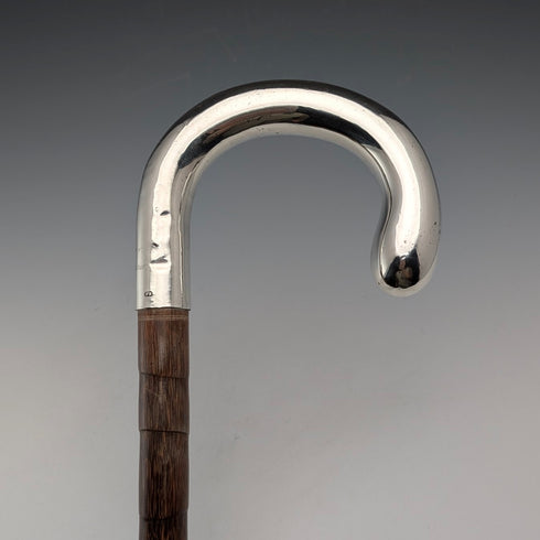 1912年 英国アンティーク ブラウンシャフト 純銀製プレーン曲がりハンドル ステッキ 杖 92cm