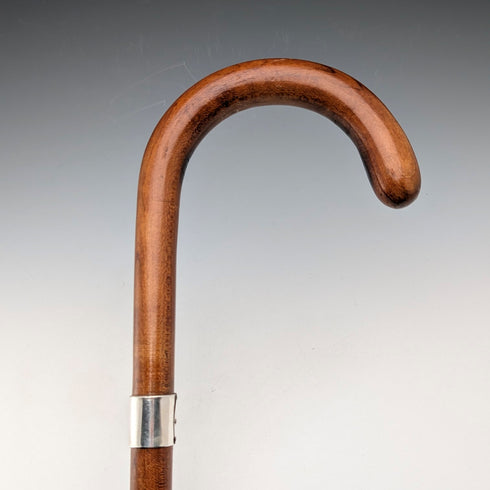 Vintage Tan Shaft Bent Handle Sterling Silver Decorated Walking Stick 92cm