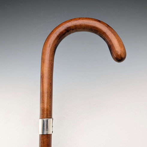 Vintage Tan Shaft Bent Handle Sterling Silver Decorated Walking Stick 92cm