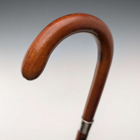 Vintage Tan Shaft Bent Handle Sterling Silver Decorated Walking Stick 92cm