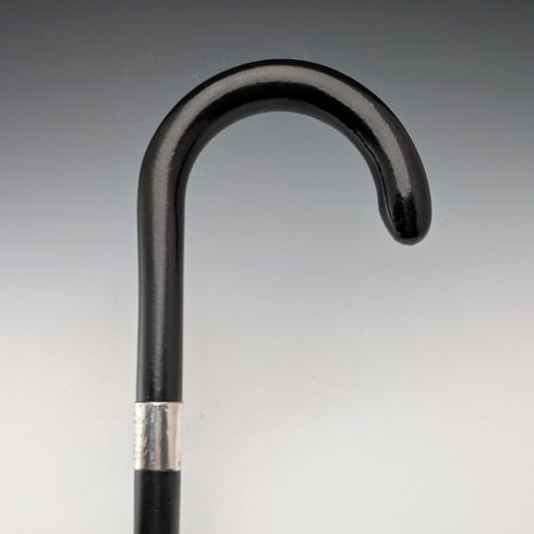 1943 British vintage black shaft curved handle pure silver decorated walking stick 93cm