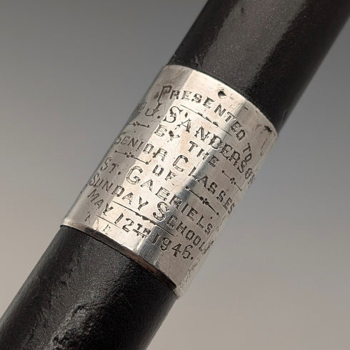 1943 British vintage black shaft curved handle pure silver decorated walking stick 93cm