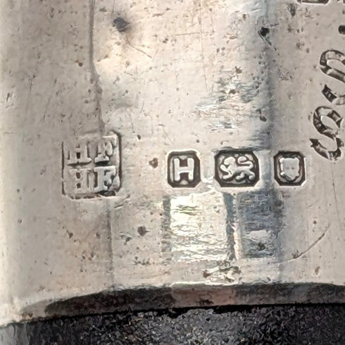 1943 British vintage black shaft curved handle pure silver decorated walking stick 93cm