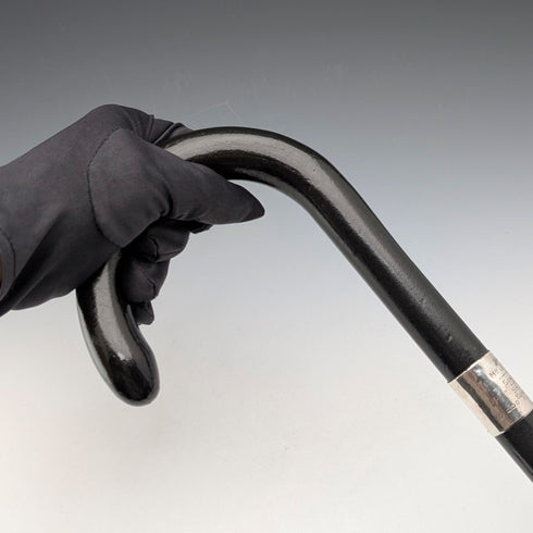 1943 British vintage black shaft curved handle pure silver decorated walking stick 93cm