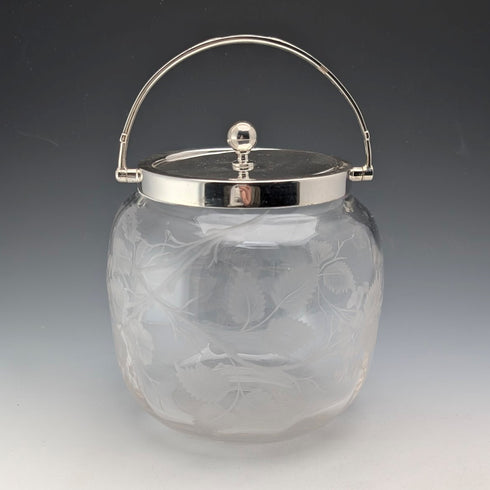 Vintage British Biscuit Barrel, Etched Glass, Silver Plated Lid