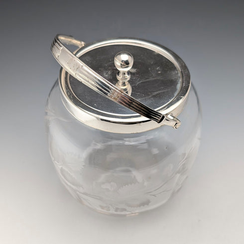 Vintage British Biscuit Barrel, Etched Glass, Silver Plated Lid