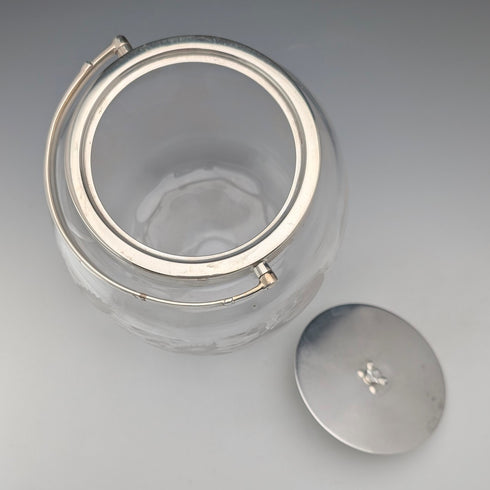 Vintage British Biscuit Barrel, Etched Glass, Silver Plated Lid
