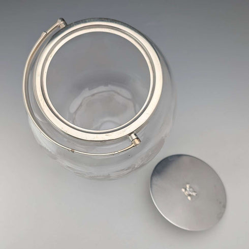 Vintage British Biscuit Barrel, Etched Glass, Silver Plated Lid