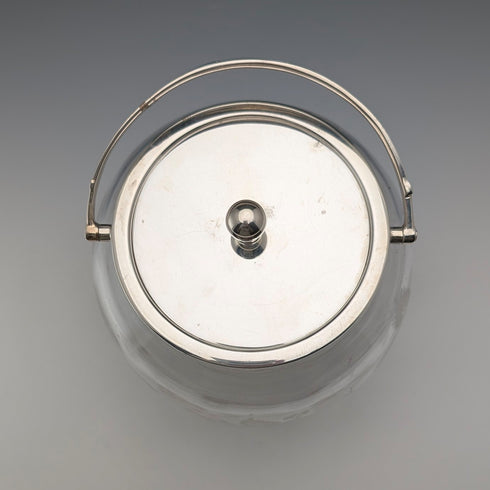 Vintage British Biscuit Barrel, Etched Glass, Silver Plated Lid