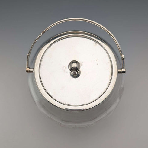 Vintage British Biscuit Barrel, Etched Glass, Silver Plated Lid