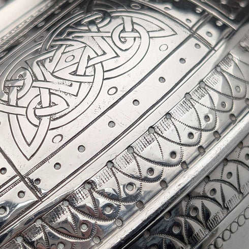 Antique British silver plated tea kettle with Celtic carvings