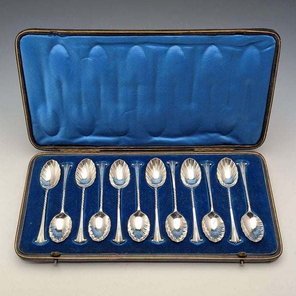 1894年 英国アンティーク 純銀製ティースプーン12本セット 計118g ケース入 Goldsmiths&Silversmiths