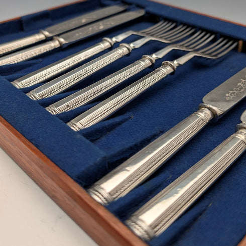 1922 British antique sterling silver handle cutlery set of 4 Harrison Brothers & Howson with tray