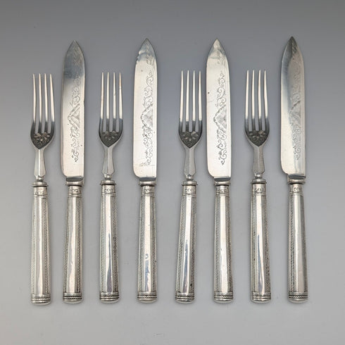 1922 British antique sterling silver handle cutlery set of 4 Harrison Brothers & Howson with tray