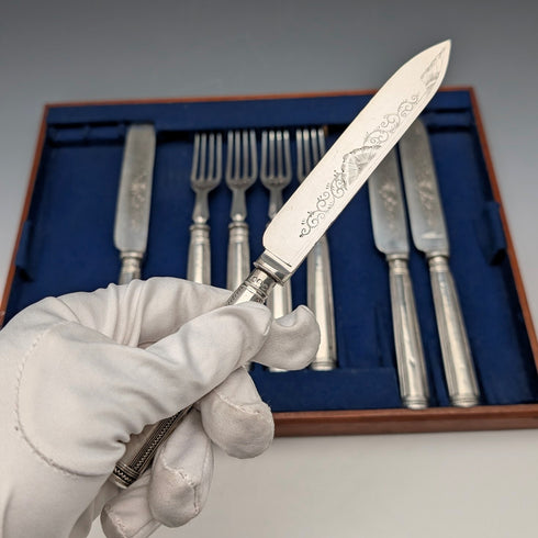 1922 British antique sterling silver handle cutlery set of 4 Harrison Brothers & Howson with tray