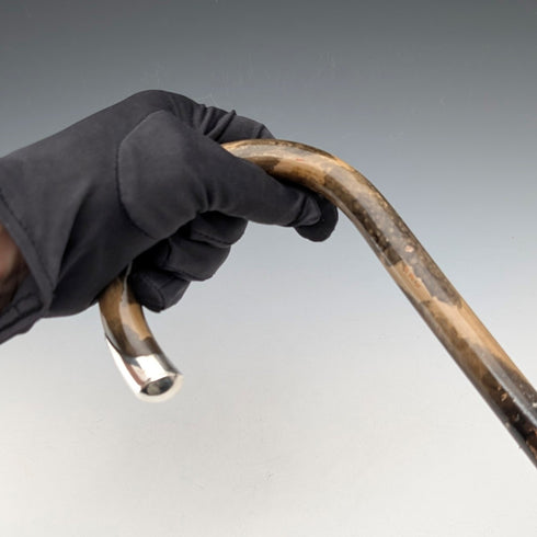 1925年 英国アンティーク 斑模様シャフト 曲がりハンドル 純銀装飾 ステッキ 杖 86cm