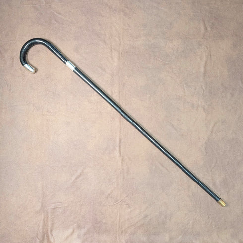 1920 British antique black shaft curved handle pure silver decorated walking stick 84cm