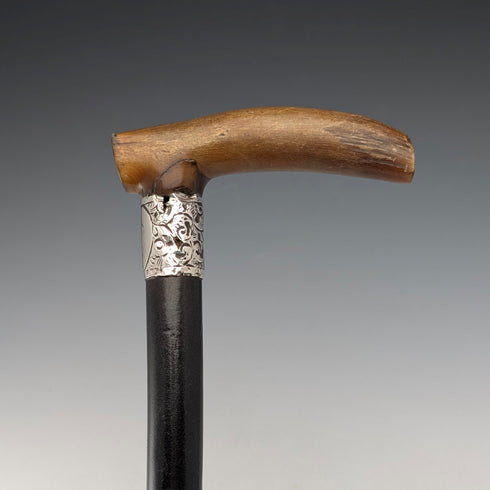 1897年 英国アンティーク ブラックシャフト L字ホーンハンドル 純銀装飾 ステッキ 杖 84cm