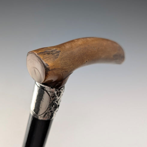 1897年 英国アンティーク ブラックシャフト L字ホーンハンドル 純銀装飾 ステッキ 杖 84cm