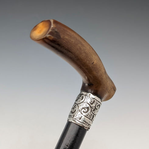 1897年 英国アンティーク ブラックシャフト L字ホーンハンドル 純銀装飾 ステッキ 杖 84cm