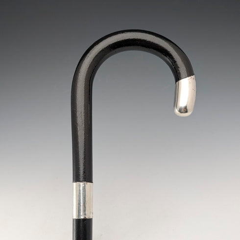 1920 British antique black shaft curved handle pure silver decorated walking stick 84cm