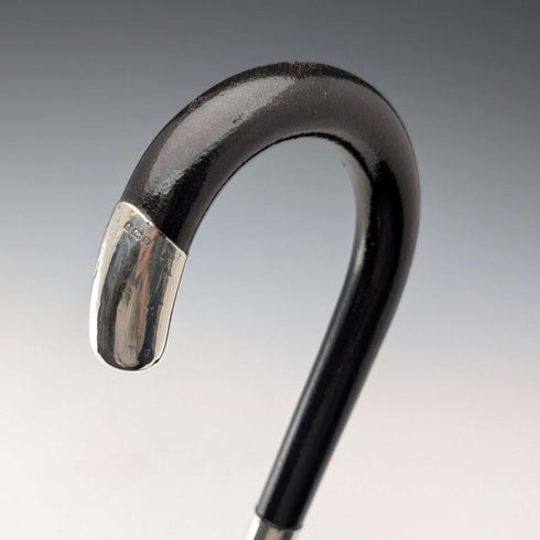 1920 British antique black shaft curved handle pure silver decorated walking stick 84cm