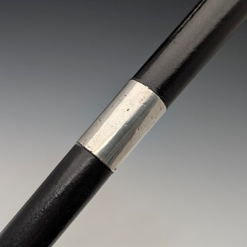 1920 British antique black shaft curved handle pure silver decorated walking stick 84cm