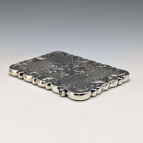 1863 British antique floral engraved sterling silver card case, 57g, Hillard & Thomason