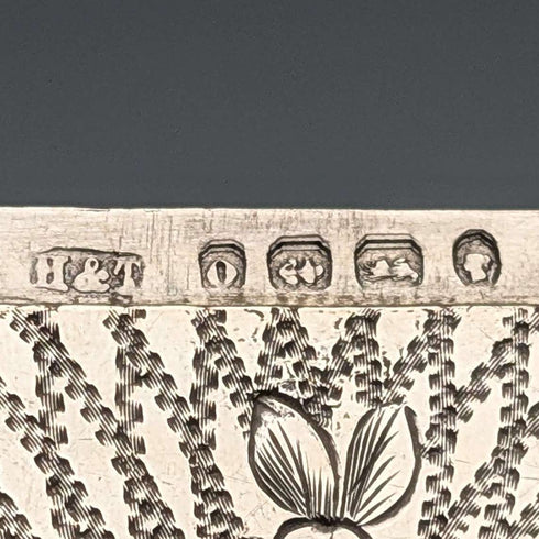 1863 British antique floral engraved sterling silver card case, 57g, Hillard & Thomason