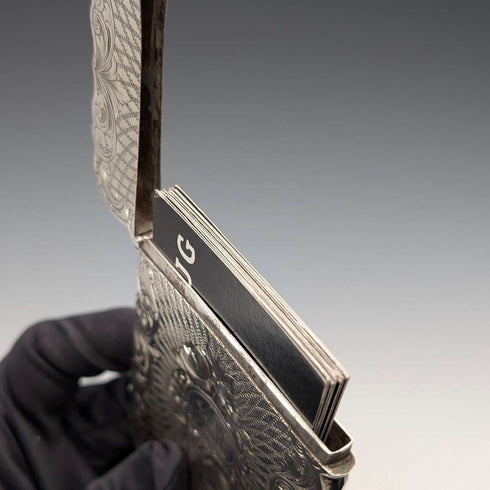 1863 British antique floral engraved sterling silver card case, 57g, Hillard & Thomason