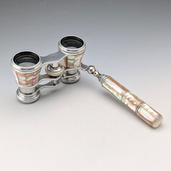 Circa 1900 French antique white mother-of-pearl decorated opera glasses with handles, binoculars