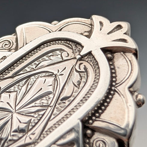 1880 British antique sterling silver finely engraved oval brooch by Alfred George Griffiths