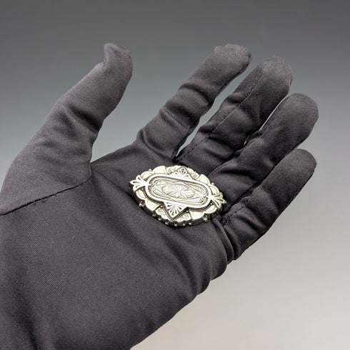 1880 British antique sterling silver finely engraved oval brooch by Alfred George Griffiths