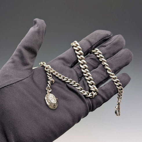 1909年 英国アンティーク 純銀製アルバートチェーン 50g バスケット型フォブ