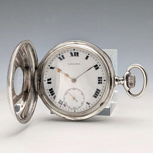 Circa 1923 Antique Longines Pocket Watch Silver Side Half Hunter Case Good Working Condition