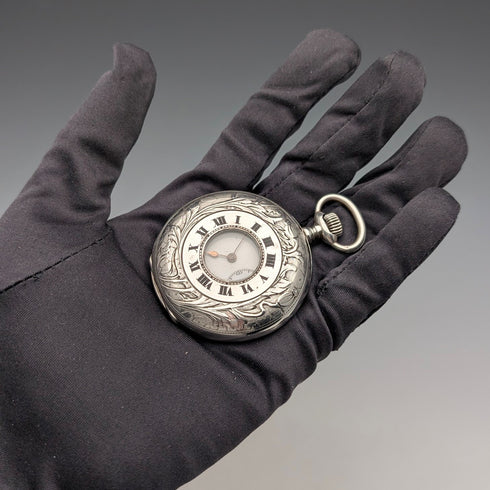 Circa 1923 Antique Longines Pocket Watch Silver Side Half Hunter Case Good Working Condition