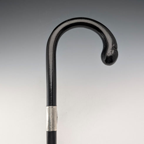 1929 British vintage black shaft curved handle pure silver decorated walking stick 85cm