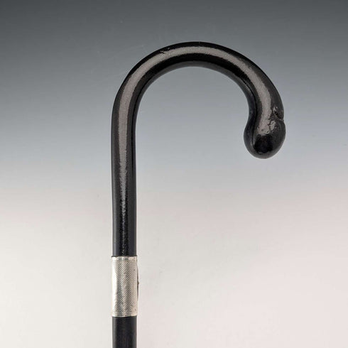 1929 British vintage black shaft curved handle pure silver decorated walking stick 85cm