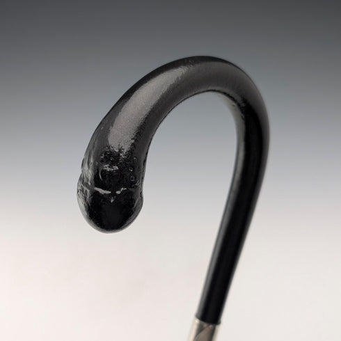 1929 British vintage black shaft curved handle pure silver decorated walking stick 85cm