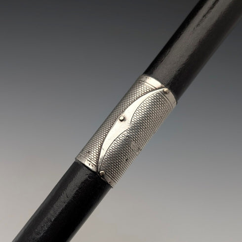 1929 British vintage black shaft curved handle pure silver decorated walking stick 85cm