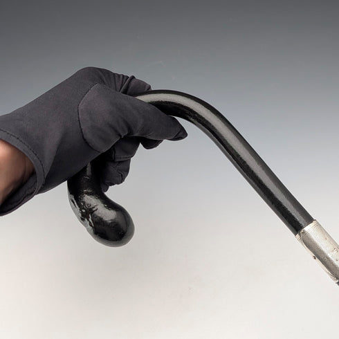 1929 British vintage black shaft curved handle pure silver decorated walking stick 85cm