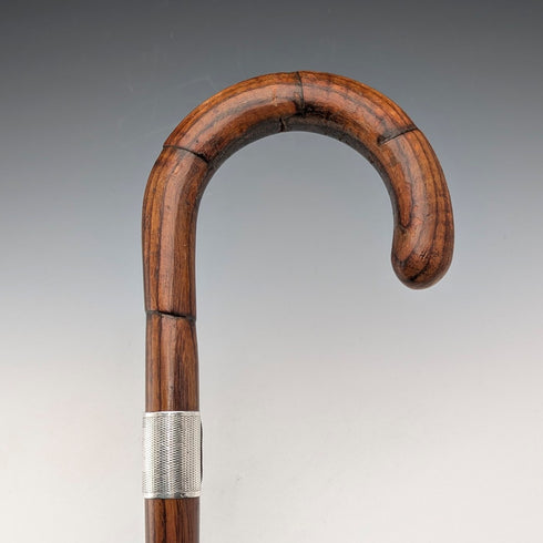 1934 British vintage tan shaft bent handle pure silver decorated walking stick 83cm
