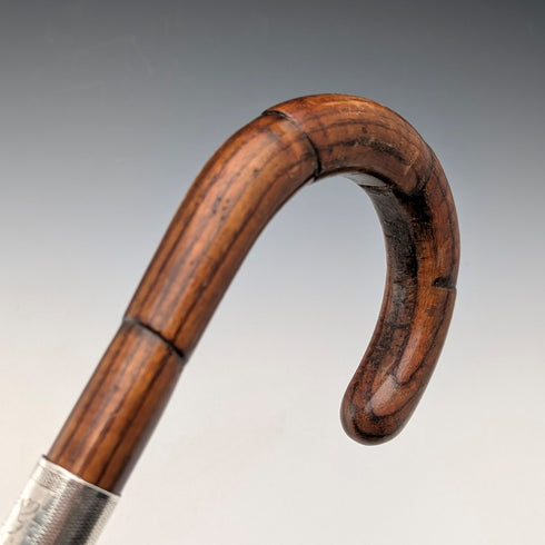 1934 British vintage tan shaft bent handle pure silver decorated walking stick 83cm