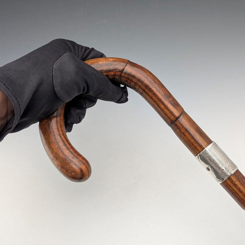1934 British vintage tan shaft bent handle pure silver decorated walking stick 83cm