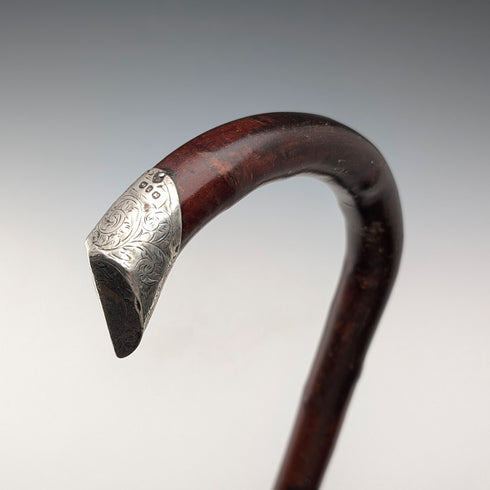 1899年 英国アンティーク ブラウンシャフト 曲がりハンドル 純銀装飾 ステッキ 杖 85cm