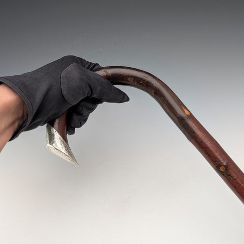 1899年 英国アンティーク ブラウンシャフト 曲がりハンドル 純銀装飾 ステッキ 杖 85cm